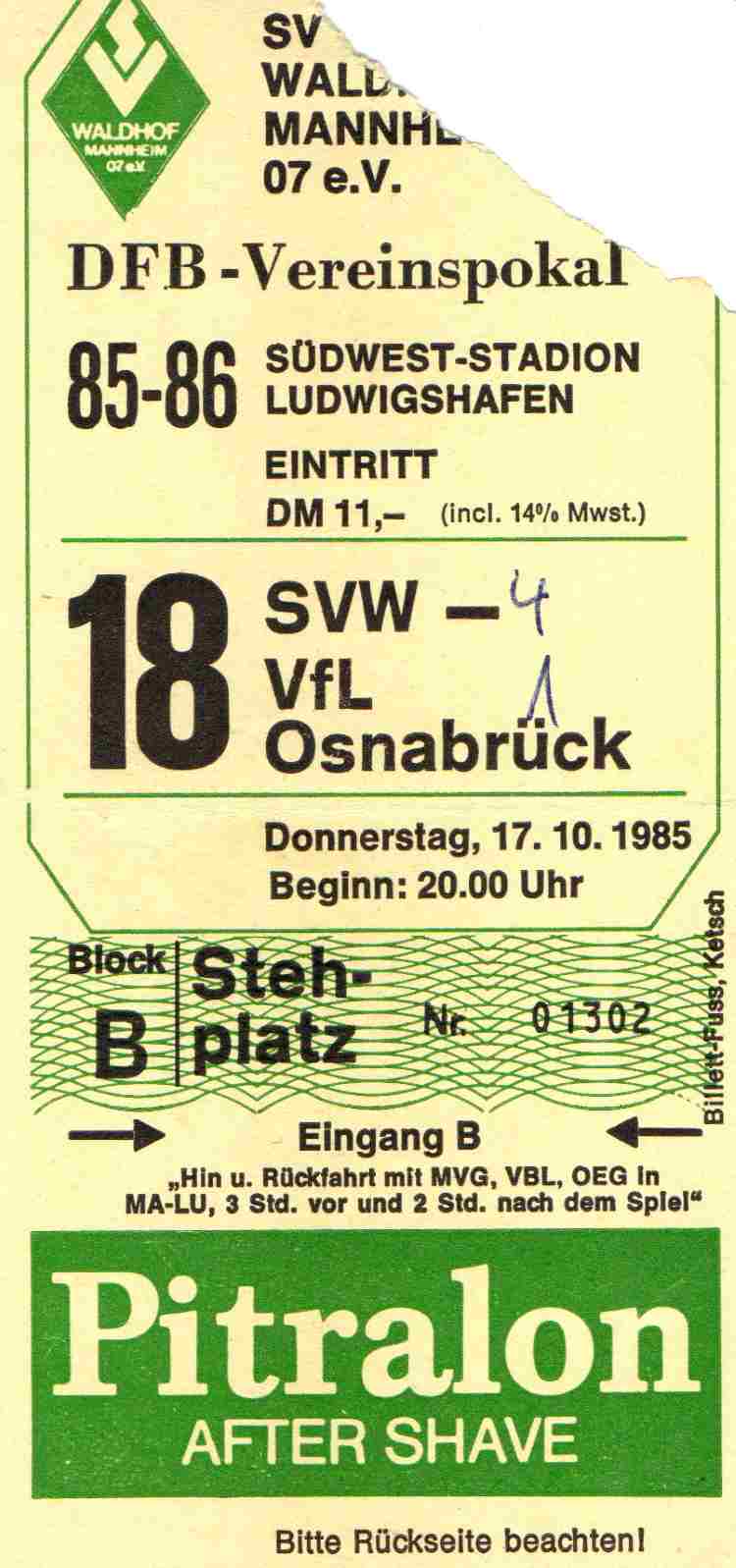 Karte DFB Waldhof Mannheim VfL Osnabrück 17 Okt 1985.jpg