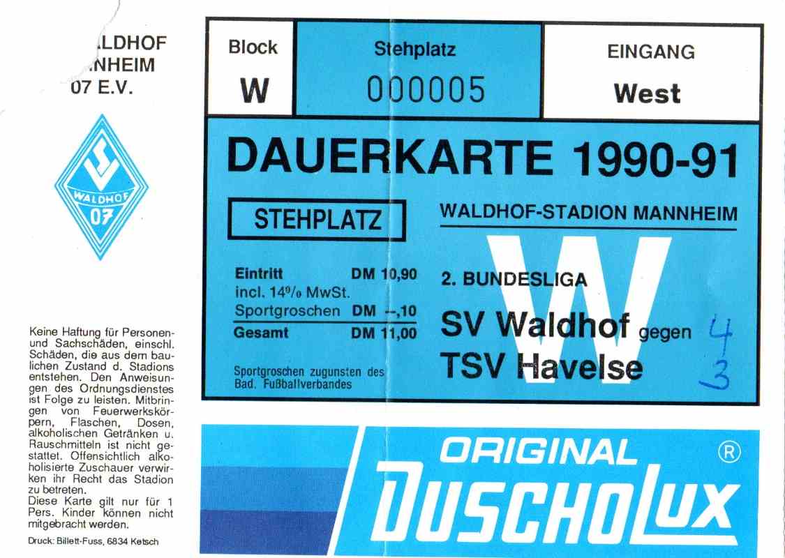 Karte Waldhof Mannheim TSV Havelse 2 März 1991.jpg
