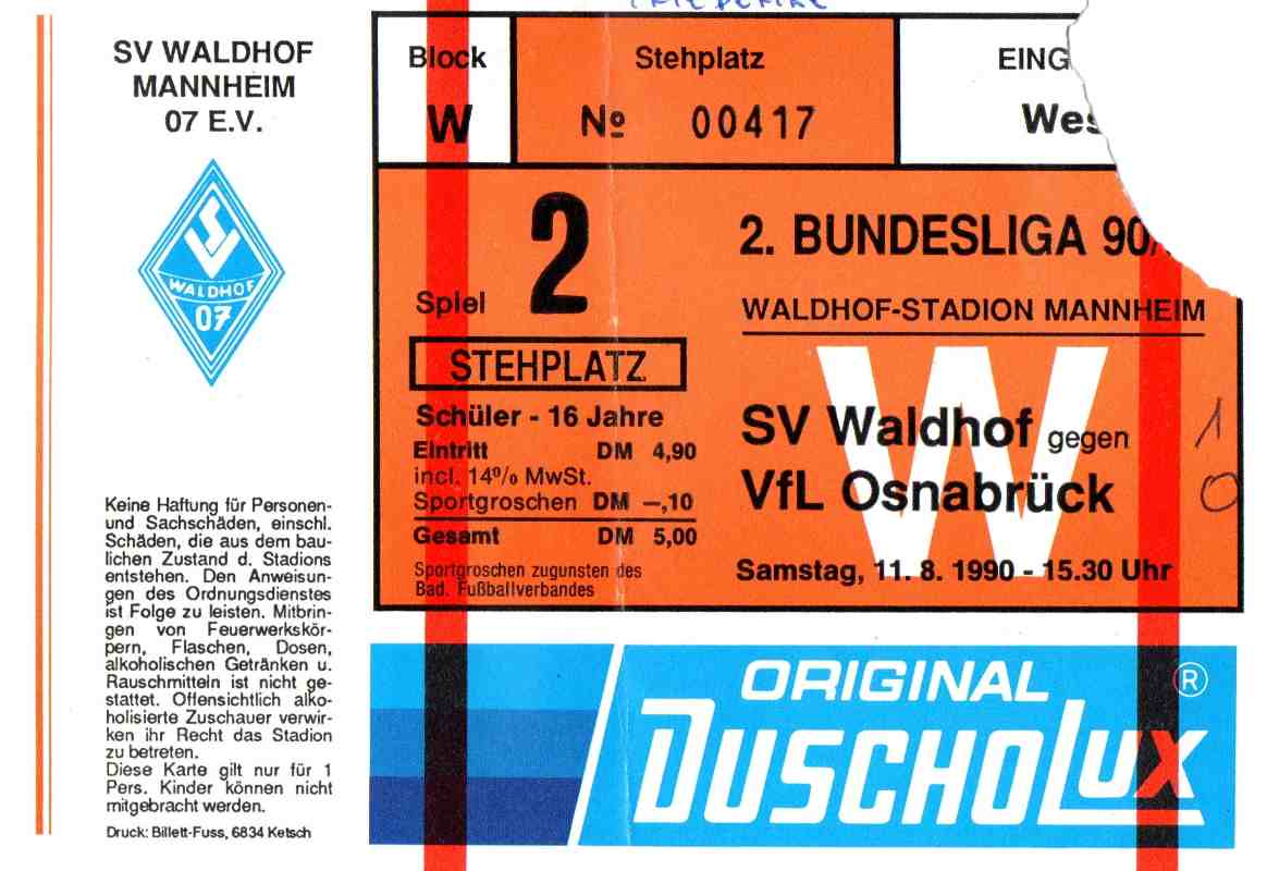 Karte Waldhof Mannheim VfL Osnabrück 11 August 1990.jpg