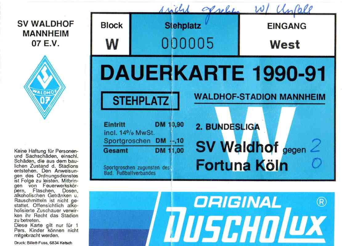 Karte Waldhof Mannheim Fortuna Koln 27 Oktober 1990.jpg